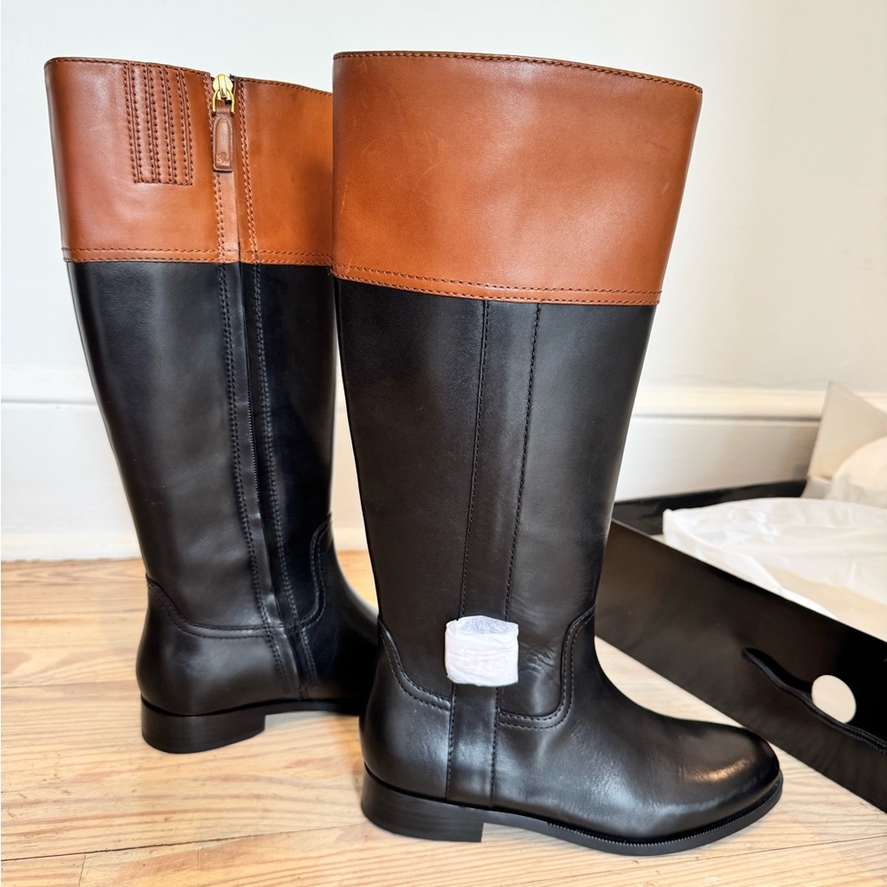Ralph Lauren Two-Tone Black and Cognac Leather Over-the-Knee Boots
